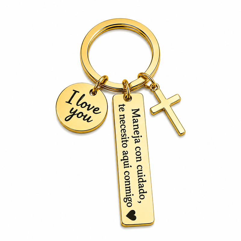 Stainless Steel Spanish Drive Safe Keychain with Cross & Love Charm - Car Exterior Decoration Keychain, Romantic Religious Anniversary Gift for Boyfriend, Guys Gifts