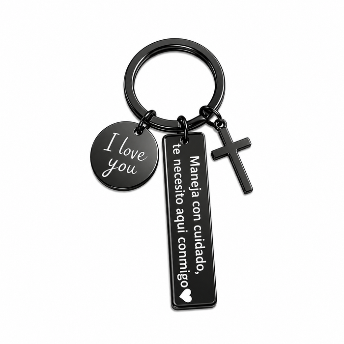 Stainless Steel Spanish Drive Safe Keychain with Cross & Love Charm - Car Exterior Decoration Keychain, Romantic Religious Anniversary Gift for Boyfriend, Guys Gifts