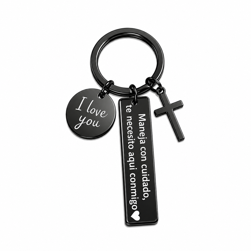 Stainless Steel Spanish Drive Safe Keychain with Cross & Love Charm - Car Exterior Decoration Keychain, Romantic Religious Anniversary Gift for Boyfriend, Guys Gifts