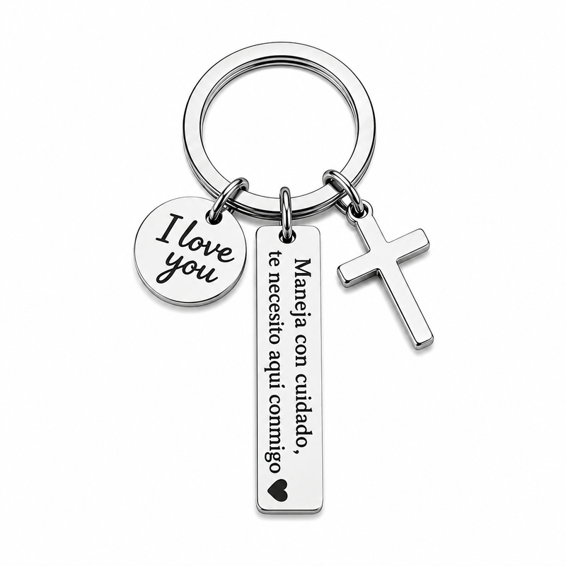 Stainless Steel Spanish Drive Safe Keychain with Cross & Love Charm - Car Exterior Decoration Keychain, Romantic Religious Anniversary Gift for Boyfriend, Guys Gifts