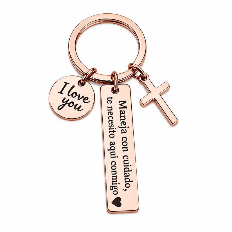 Stainless Steel Spanish Drive Safe Keychain with Cross & Love Charm - Car Exterior Decoration Keychain, Romantic Religious Anniversary Gift for Boyfriend, Guys Gifts